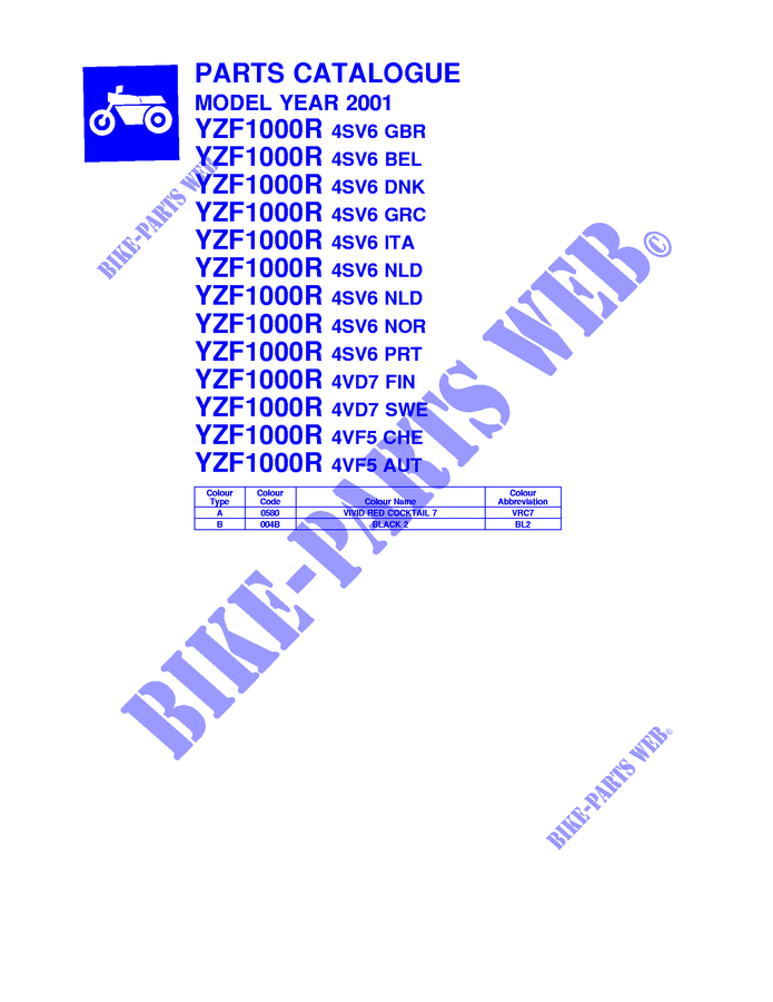 CATALOGUE DEL PREFACIO para Yamaha YZF1000R 2001