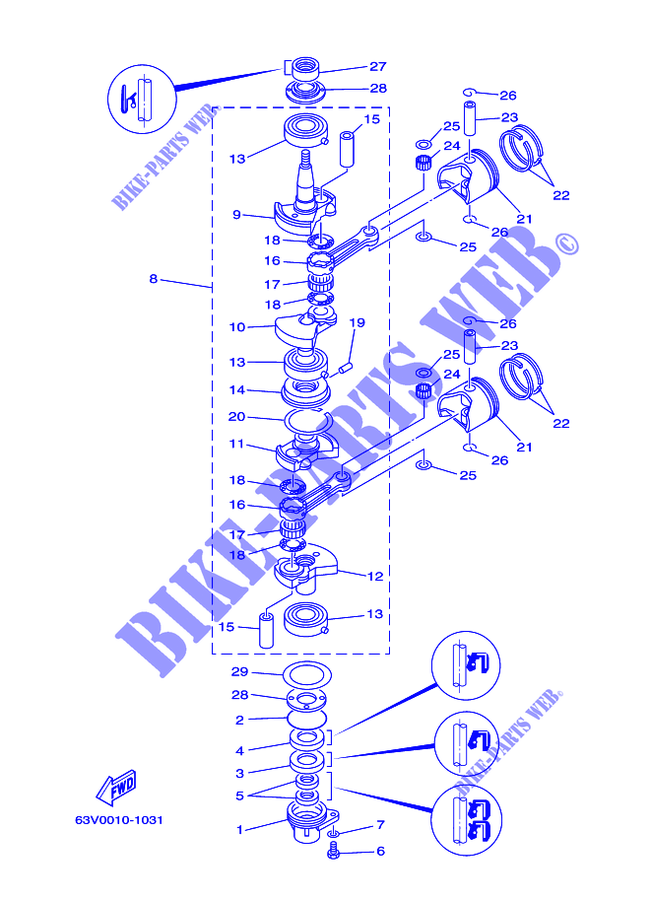 CIGUEÑAL / PISTÓN para Yamaha 9.9F Manual Starter, Tiller Handle, Manual Tilt, Pre-Mixing, Shaft 20