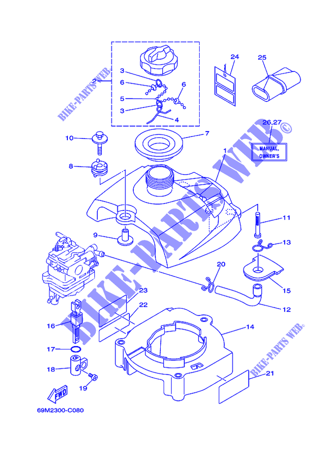 CARBURADOR para Yamaha F2.5M Manual Starter, Tiller Handle, Manual Tilt, Shaft 20