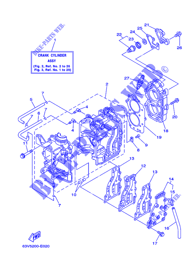 CILINDRO / CARTERES CIGÜEÑAL para Yamaha 15F 2 Cylinder, Manual Starter, Tiller Handle, Manual Tilt, Pre-Mixing, Shaft 20