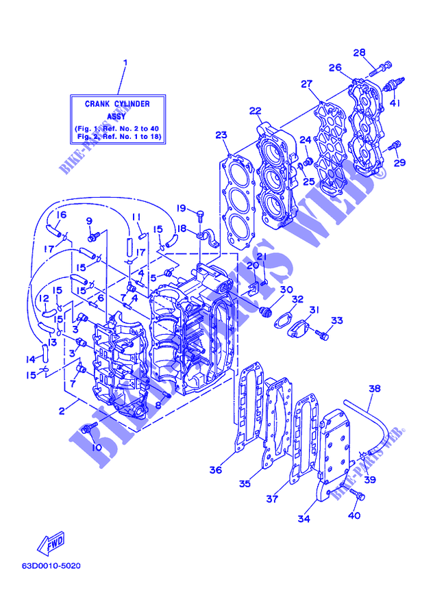CILINDRO / CARTERES CIGÜEÑAL para Yamaha 40V Manual Starter, Tiller Handle, Manual Tilt 1999