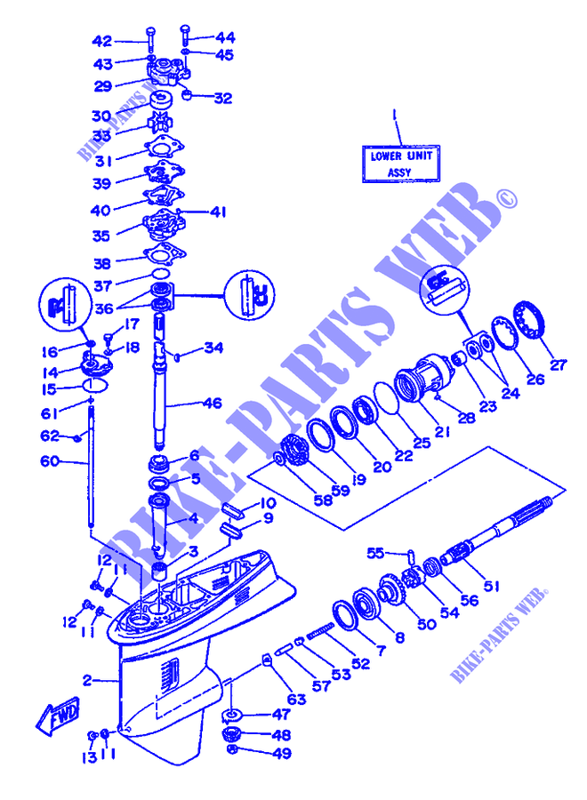 TAPA INFERIOR Y TRANSMISIÓN 1 para Yamaha 50G 2 Stroke, Electric Start, Remote Control, Manual Tilt, Oil injection 1993