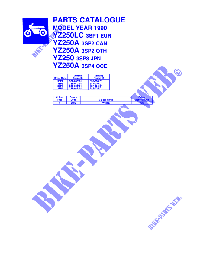 CATALOGUE DEL PREFACIO para Yamaha YZ250 1990